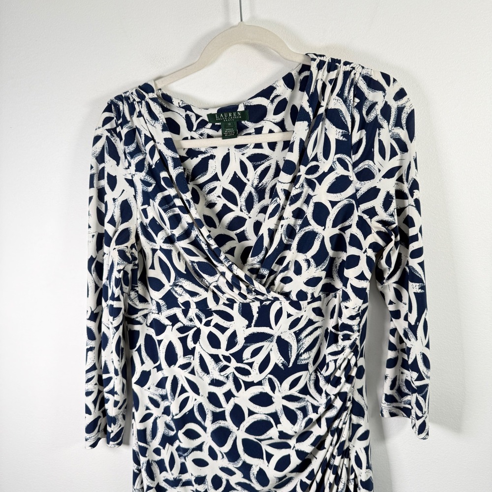 Lauren Ralph Lauren Navy Blue White Geometric Faux Wrap Midi Dress Womens 12 - Picture 3 of 9